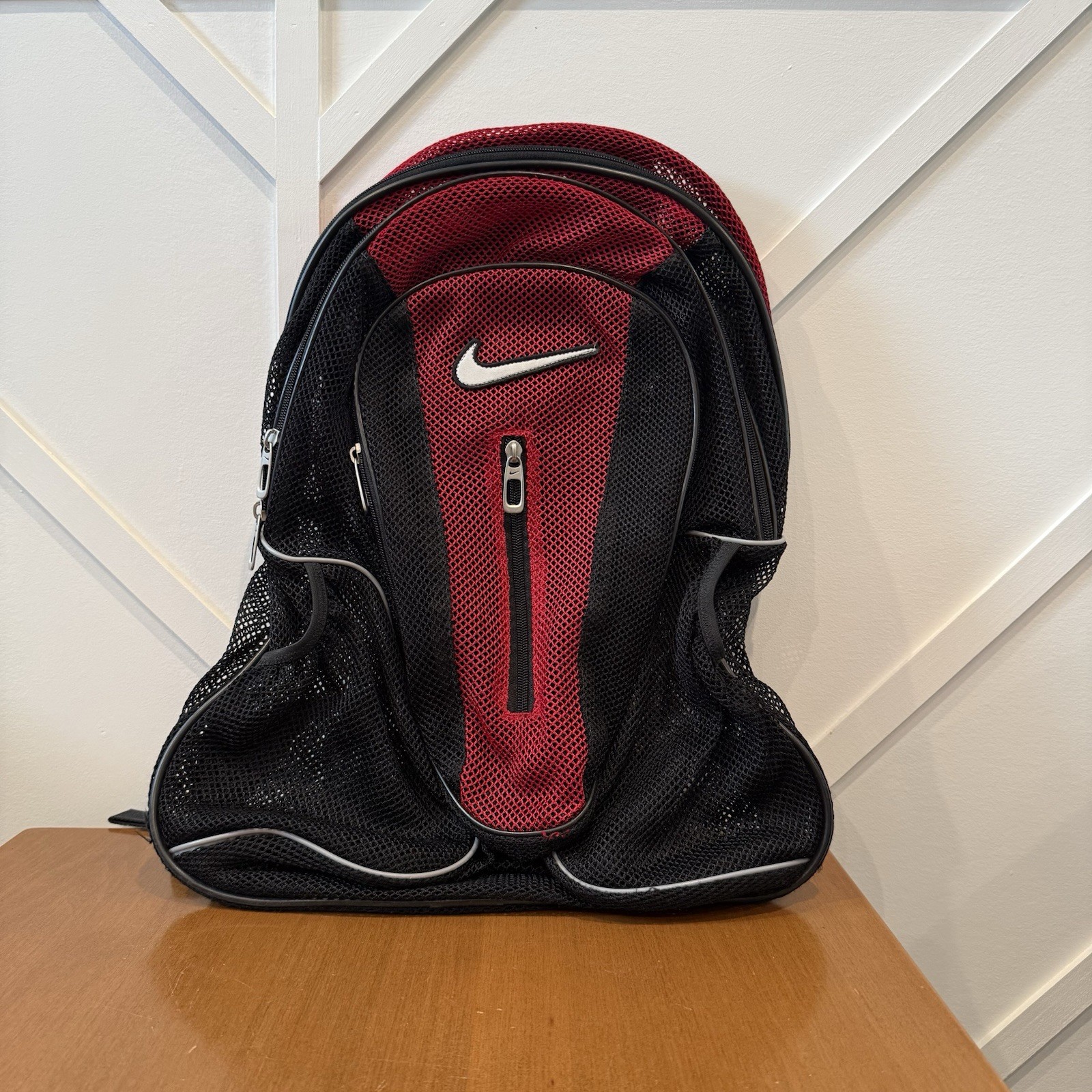 Nike Y2K Mesh Backpack Black Red Breathable Center Swoosh School Gym Swim Bag