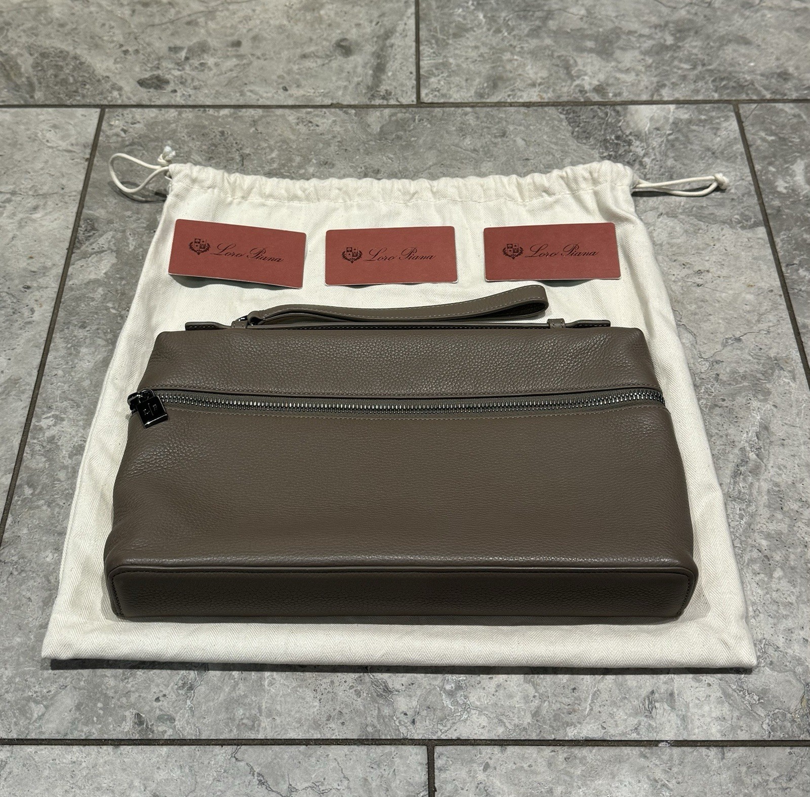 LORO PIANA ‘Extra Pouch L29’ Grained Calfskin Leather Bag Warm Mastic Onyx $2250