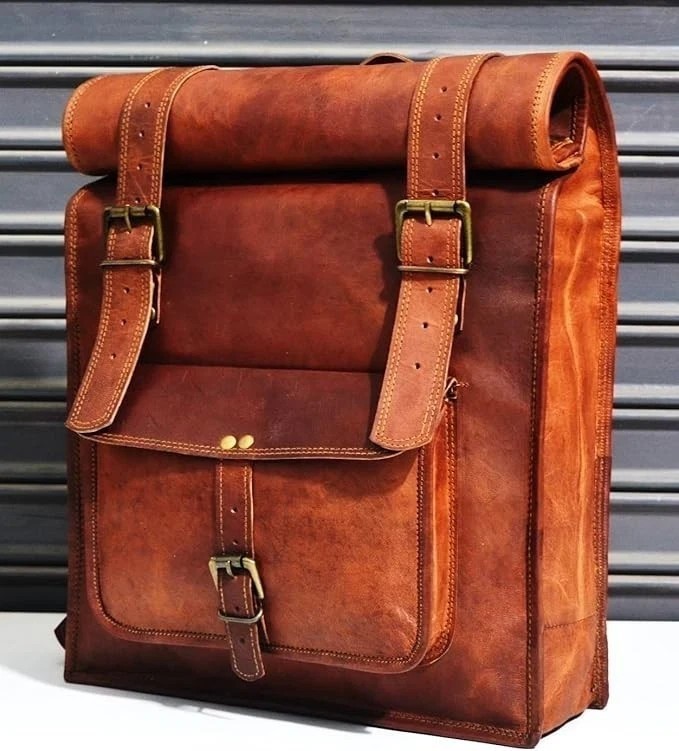 Genuine Goat Leather Roll Top Backpack Handmade Rugged Elegance Bag