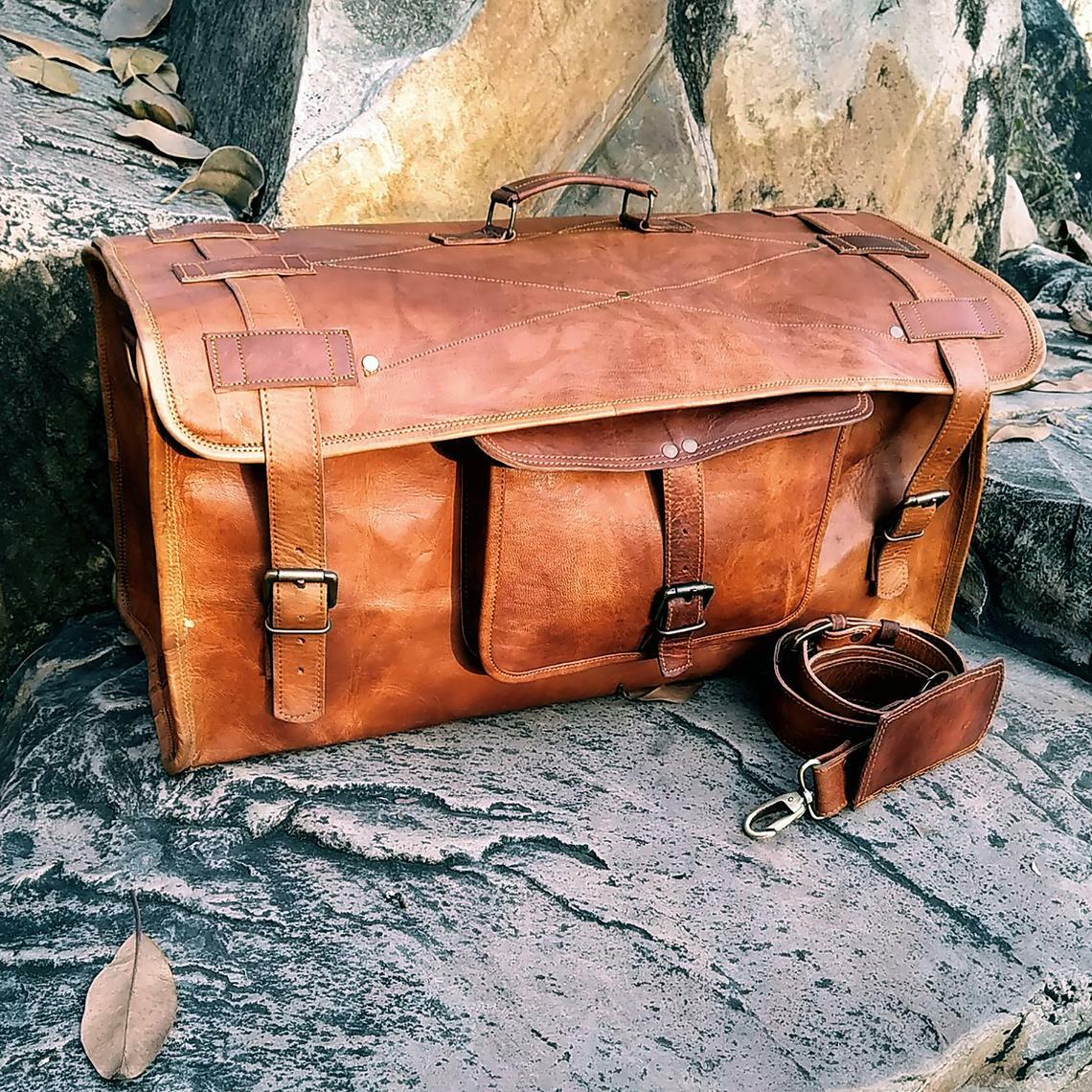 Men Handmade Vintage Brown Leather Luggage Weekender Overnight Travel Duffel Bag