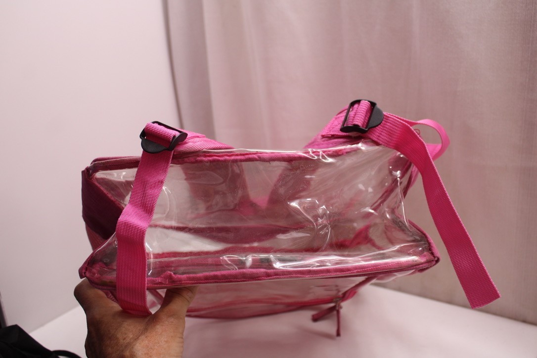 Pink transparent PVC plastic backpack Pink trim straps 13X15X6 inches