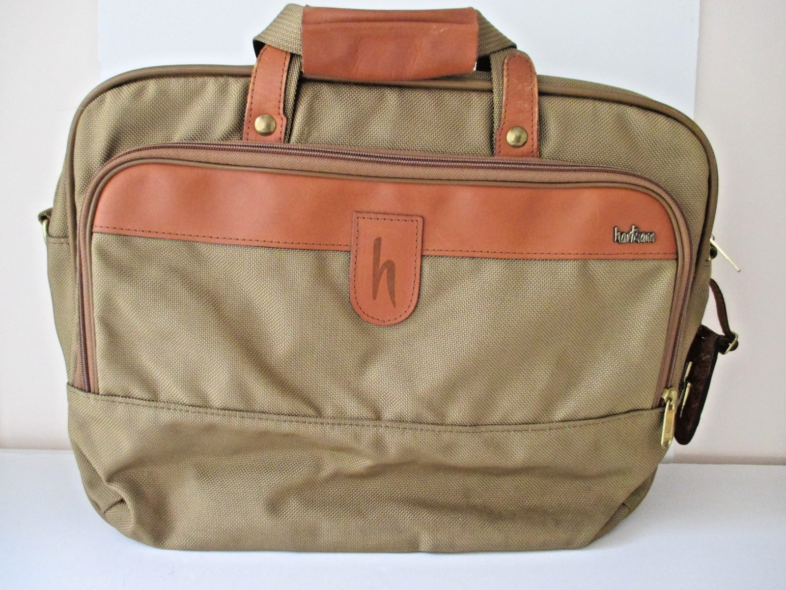 Hartmann Messenger Bag Green Nylon Canvas & Tan Leather Double Handles