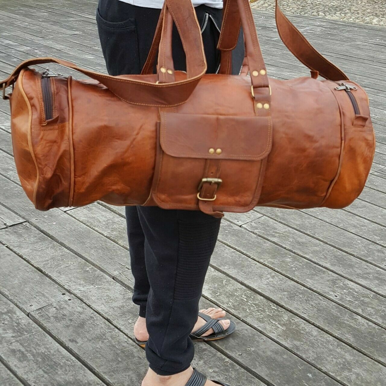 Vintage Real Goat Leather Luggage Tote Bag Travel Bag Duffel Gym Bag New