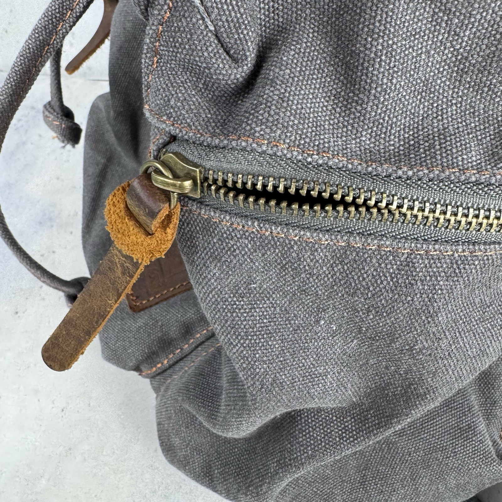 Augur Jans Canvas Backpack Gray Brown Drawstring Straps Hiking Boho READ
