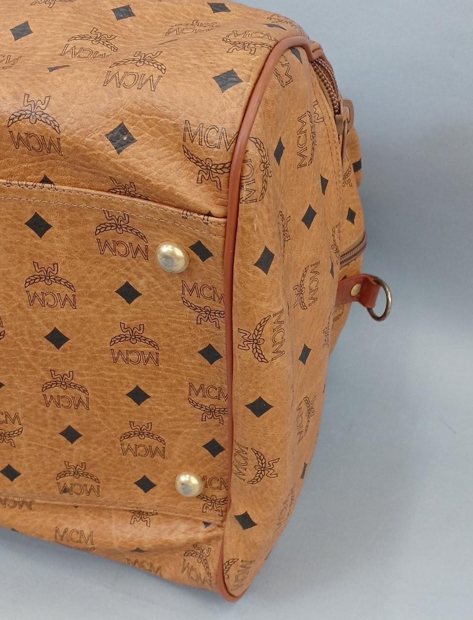MCM Authentic Visetos Logo Handbag Camel Boston Bag Vintage w/ Shoulder Strap