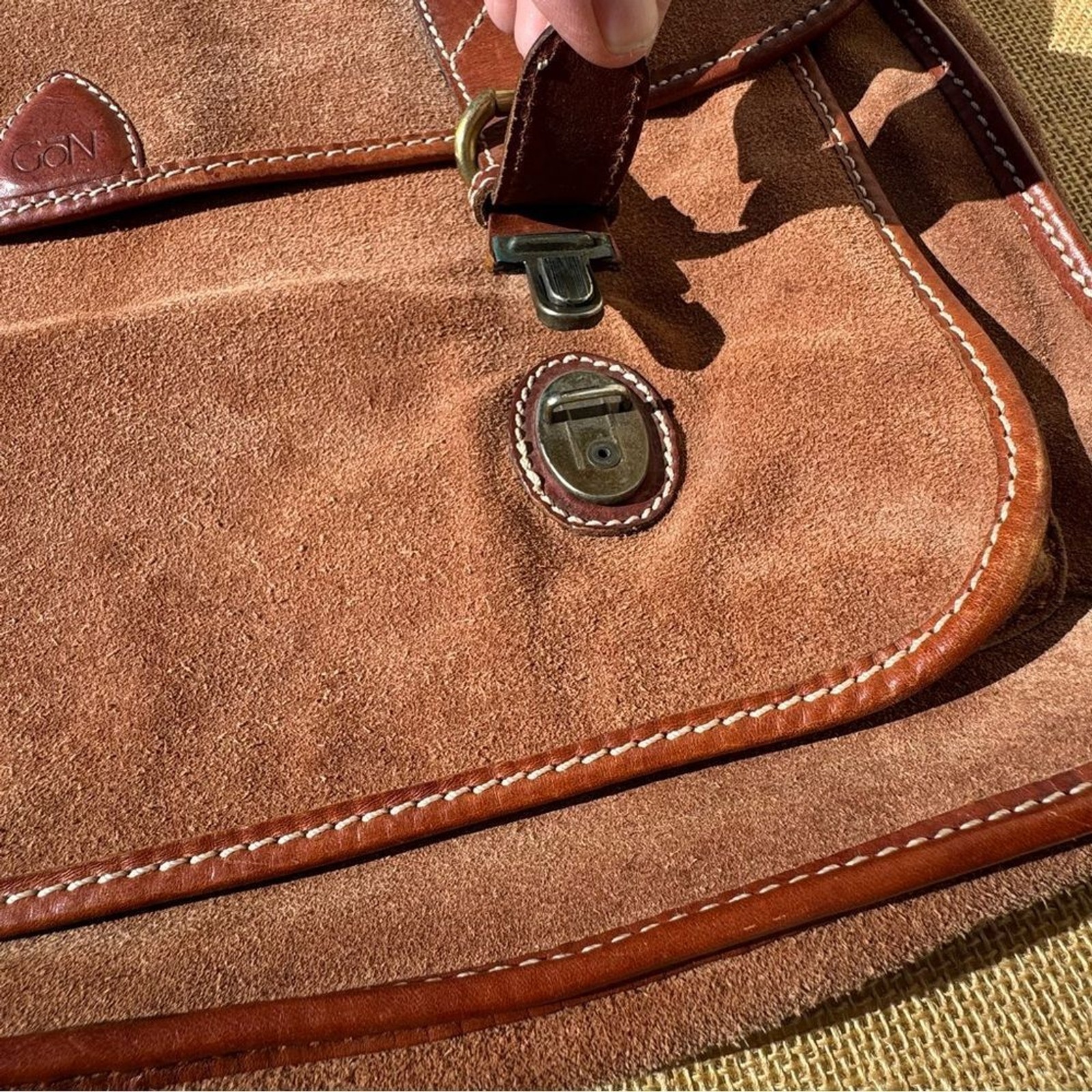 GoN Vintage Leather Suede Briefcase Messenger Bag Brown Plaid Lined 17”