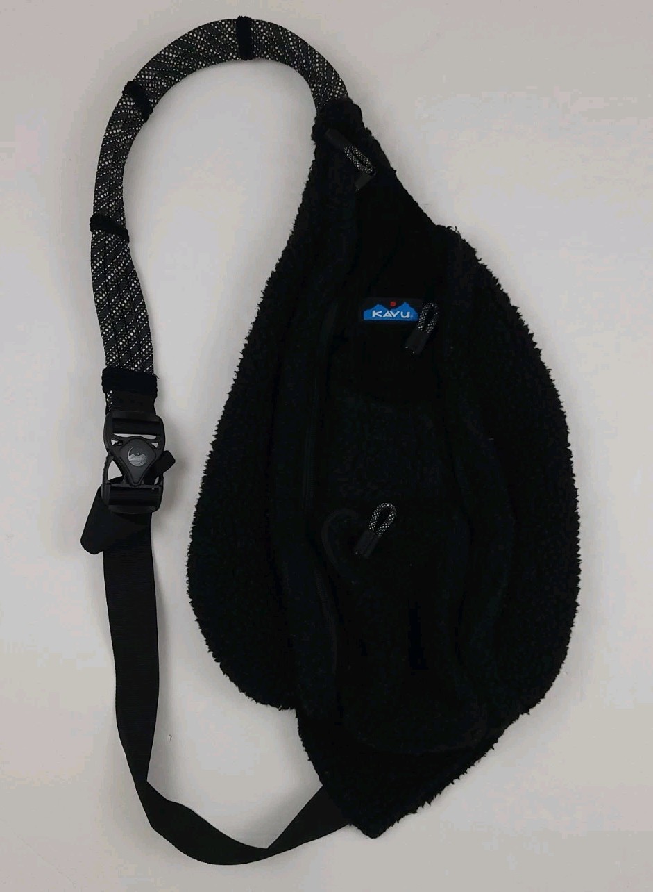 Kavu Black Pile Fleece Sling Shoulder Bag Retro Travel Outdoor Tech Corduroy