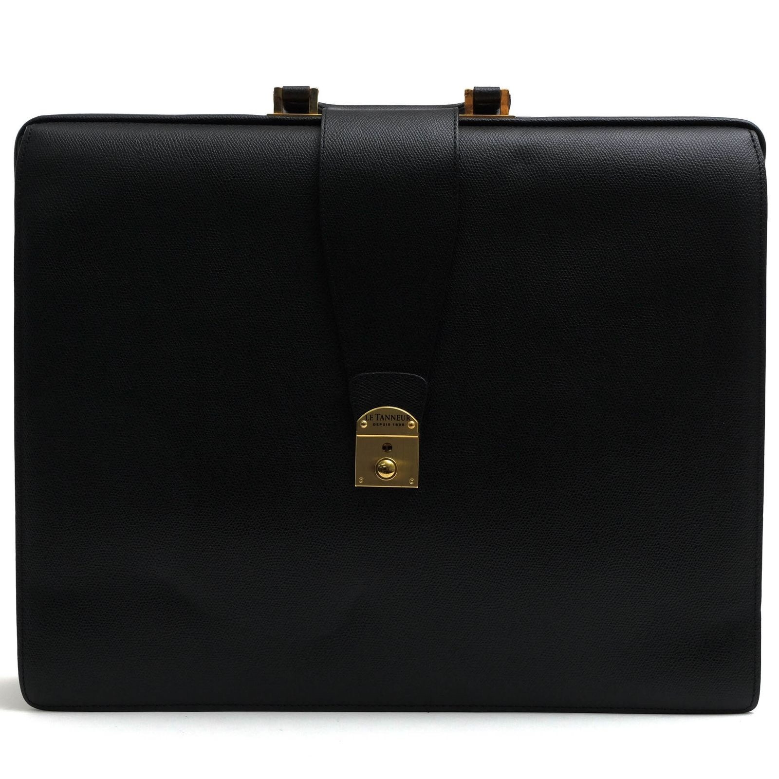 LE TANNEUR Briefcase Business Bag Leather Black w/Key & Dust Bag USED Good Cond