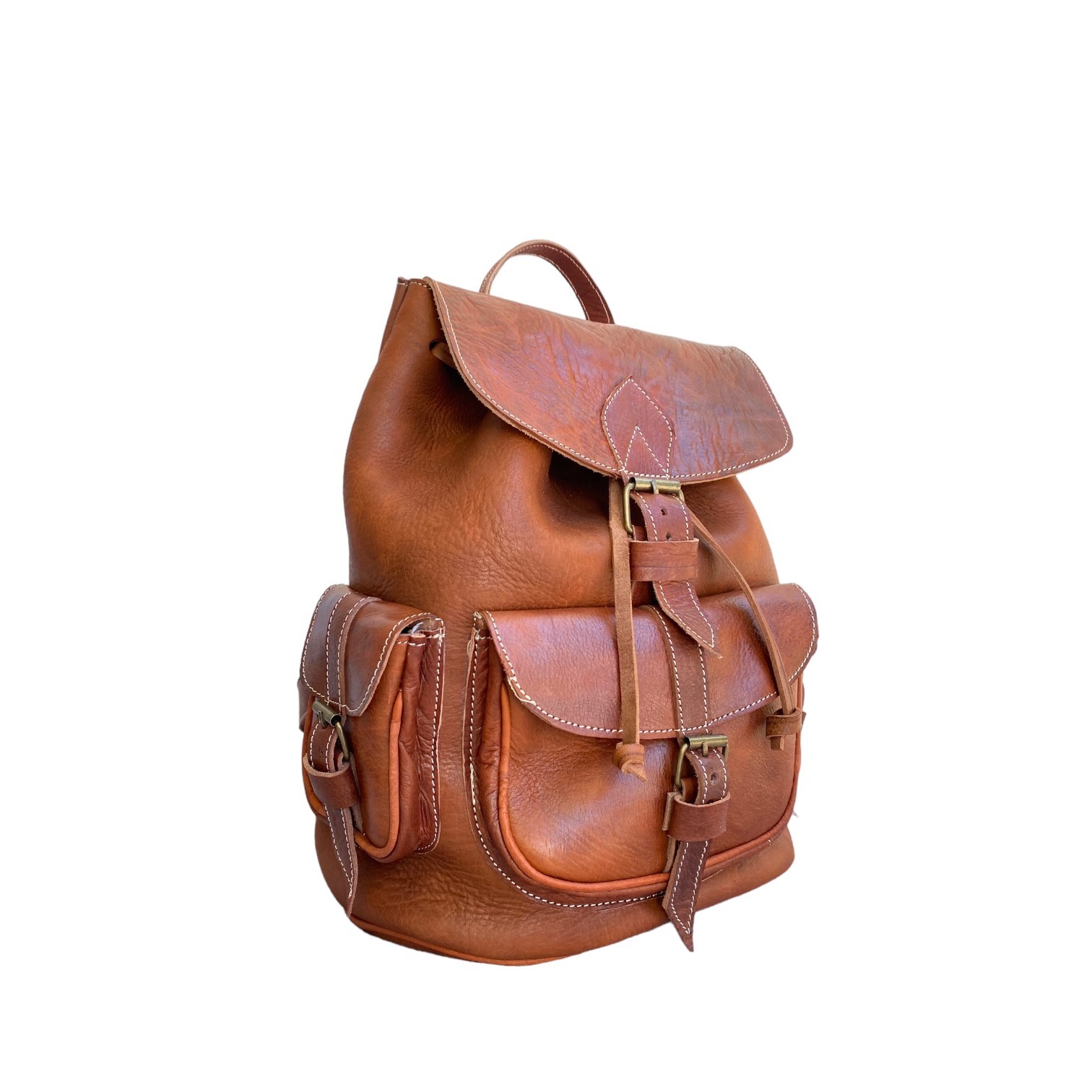 Cognac Leather Backpack Handmade Morocco Belt Buckle Front Back Pocket