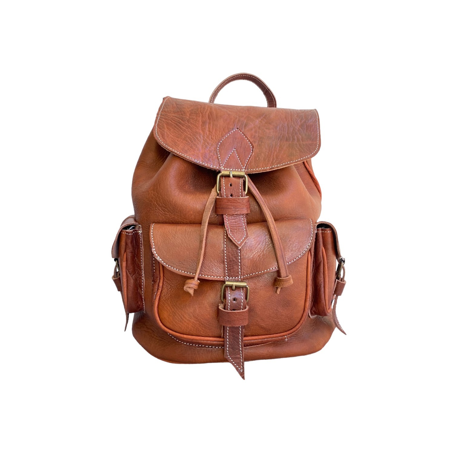 Cognac Leather Backpack Handmade Morocco Belt Buckle Front Back Pocket