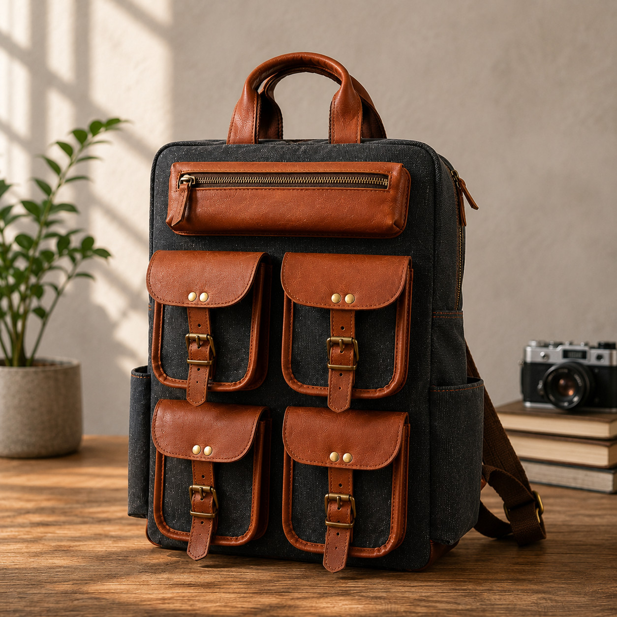 Durable Canvas & Leather Rucksack 18″ Multi-Pocket Travel Shoulder Backpack