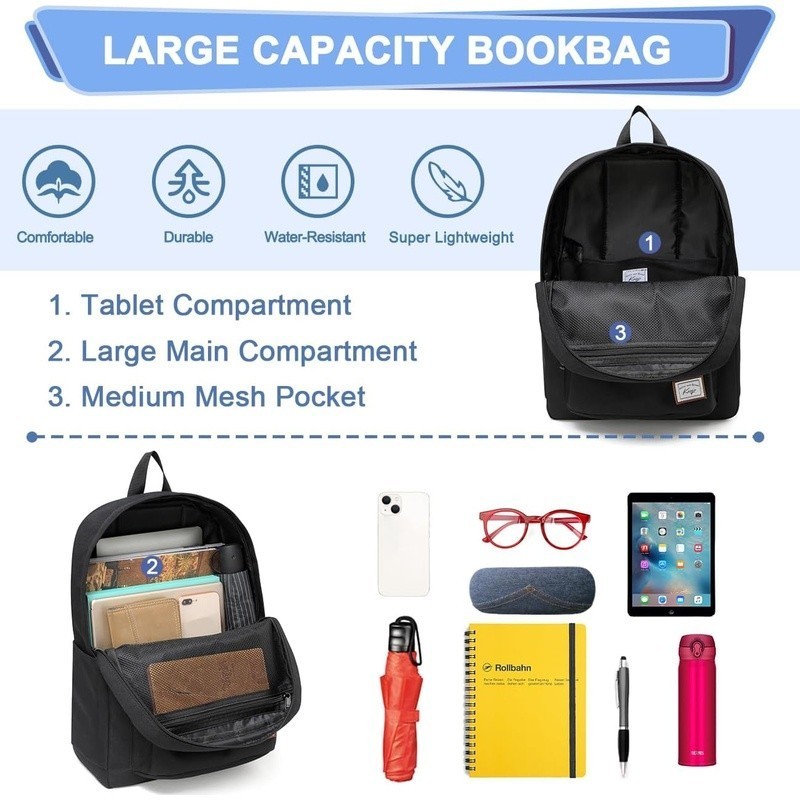 Lightweight Durable Black Backpack School Bag Water Resistant Padded Straps New