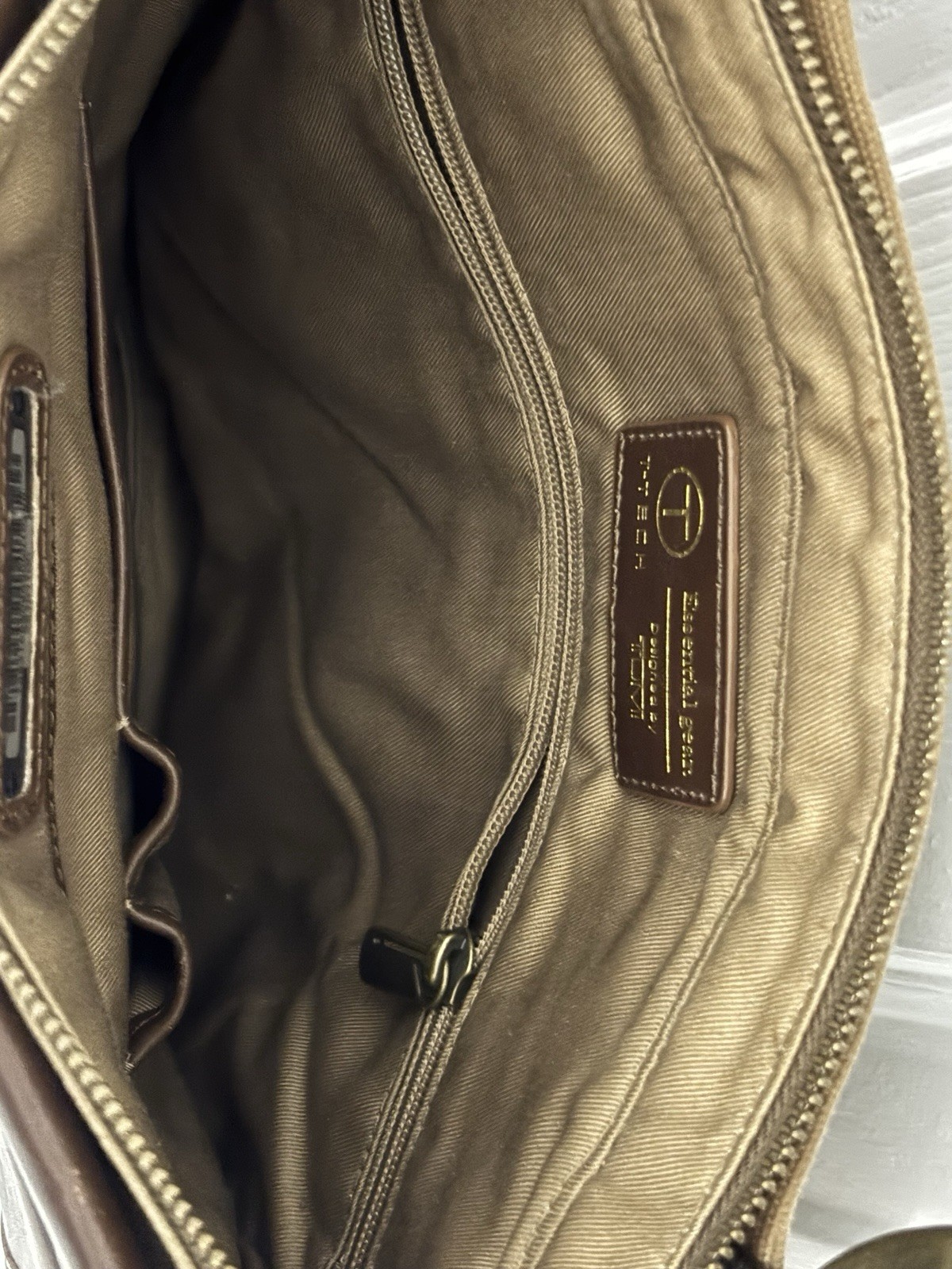 T Tech By Tumi Brown Canvas Leather Adjustable Mens Flap Crossbody Messenger Bag
