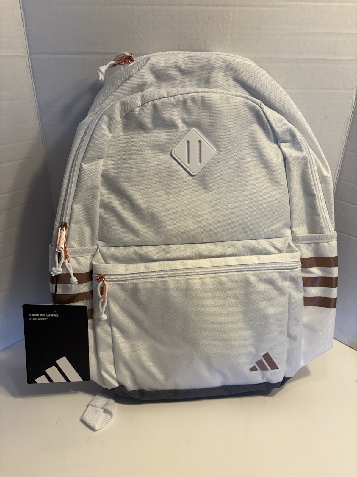Adidas 3S 5 White/Rose Gold Logo Original Book Bag Backpack Stores 16” Laptop