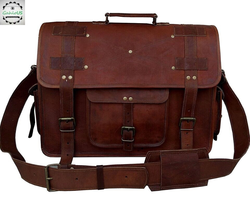 15″ Large Men Real Leather Vintage Brown Messenger Shoulder Laptop Bag Briefcas