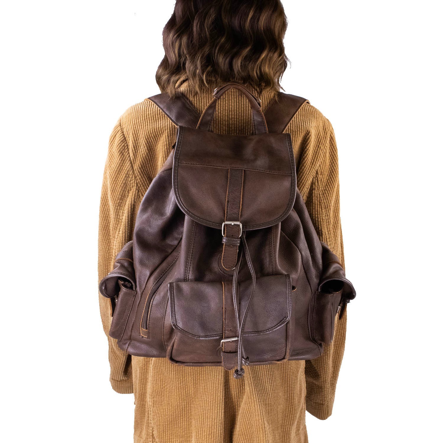 Genuine Cowhide Leather Backpack Brown Drawstring Rucksack Multi Pocket