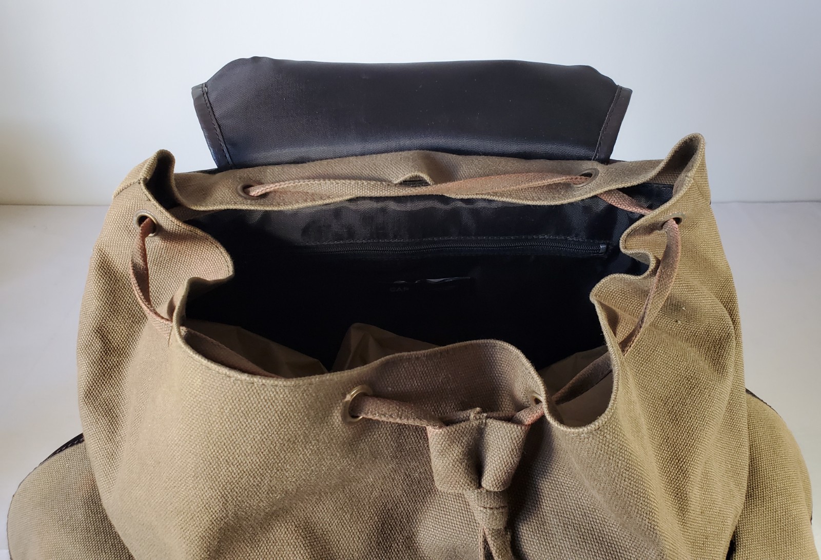 GAP Canvas Military Backpack Leather Straps Snap Pockets Drawstring/ Zipper READ