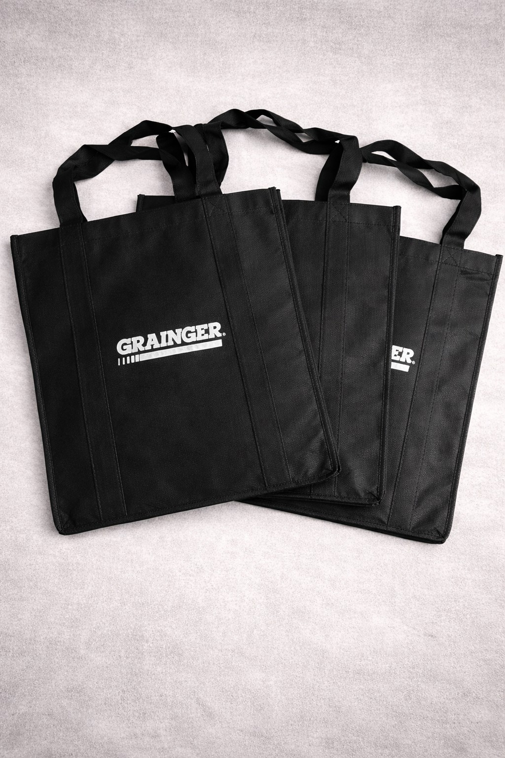 Grainger Reusable Tote Bags Lot of 3 Black Non-Woven Fabric Shopping Utility Bag