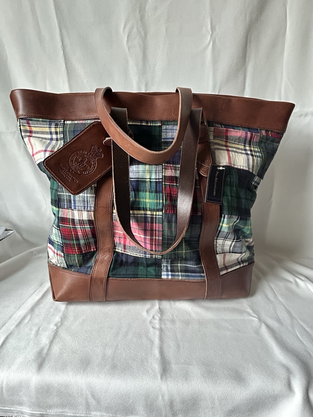 Ralph Lauren Plaid Fabric And Brown Leather Tote Bag New With Tag