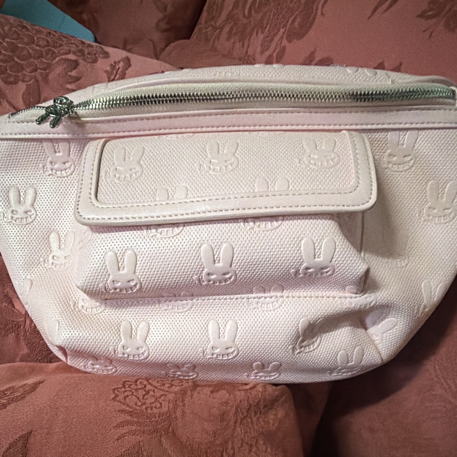 Pink Embossed Bunny Belt Bag Fanny Pack, Zip Closure, Adjustable Strap