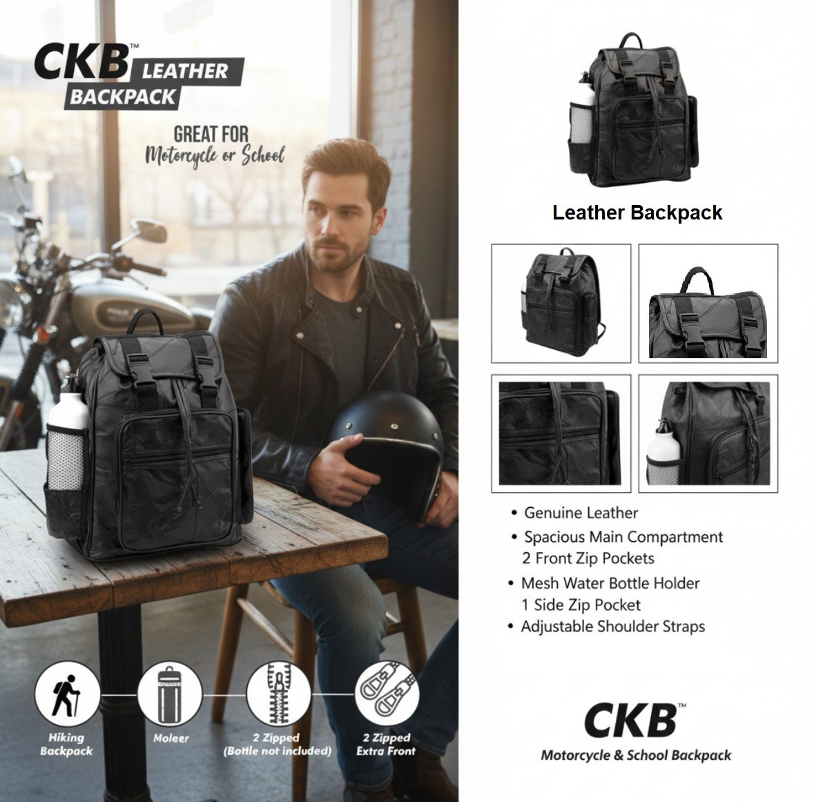 Black 100% Genuine Leather Backpack – Great For Motorcycle, School, Hiking