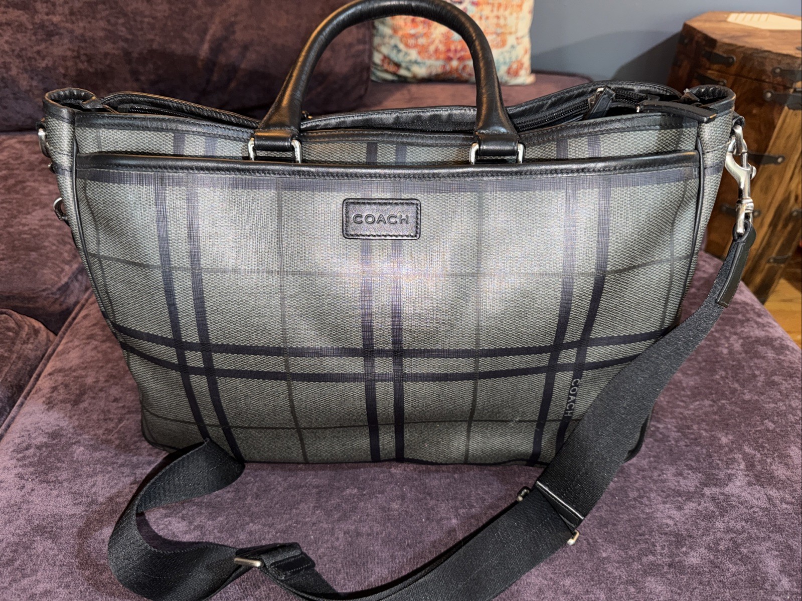 Vintage Coach unisex Plaid Messenger Bag F13517 Laptop Briefcase Shoulder Gray