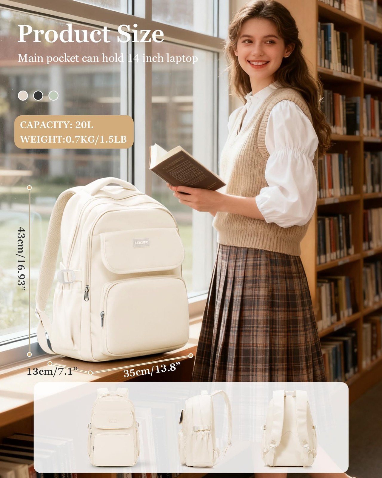 White Cute Middle School Backpack Teen Girls Waterproof Travel Laptop Bookbag