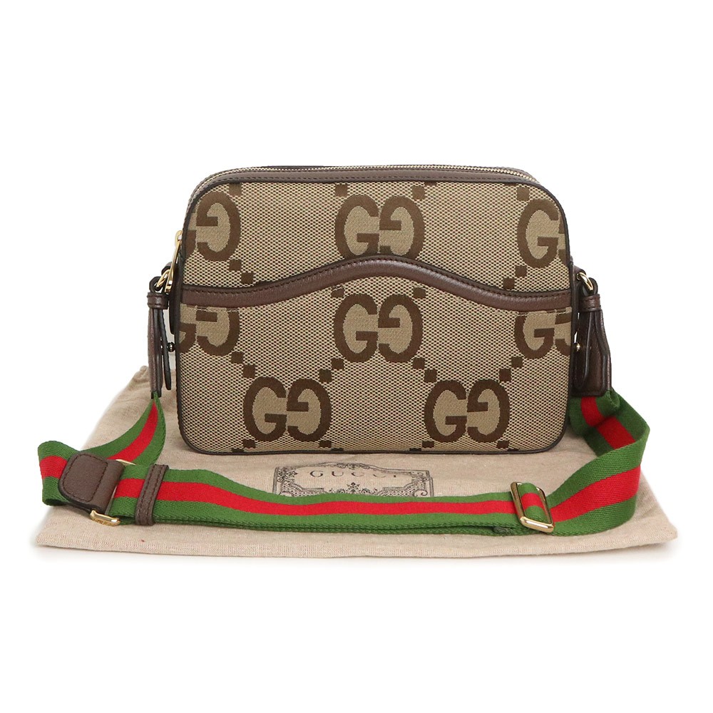 GUCCI Jumbo Gg Messenger Canvas & Leather & Cotton Linen, Camel & Ebony 675891