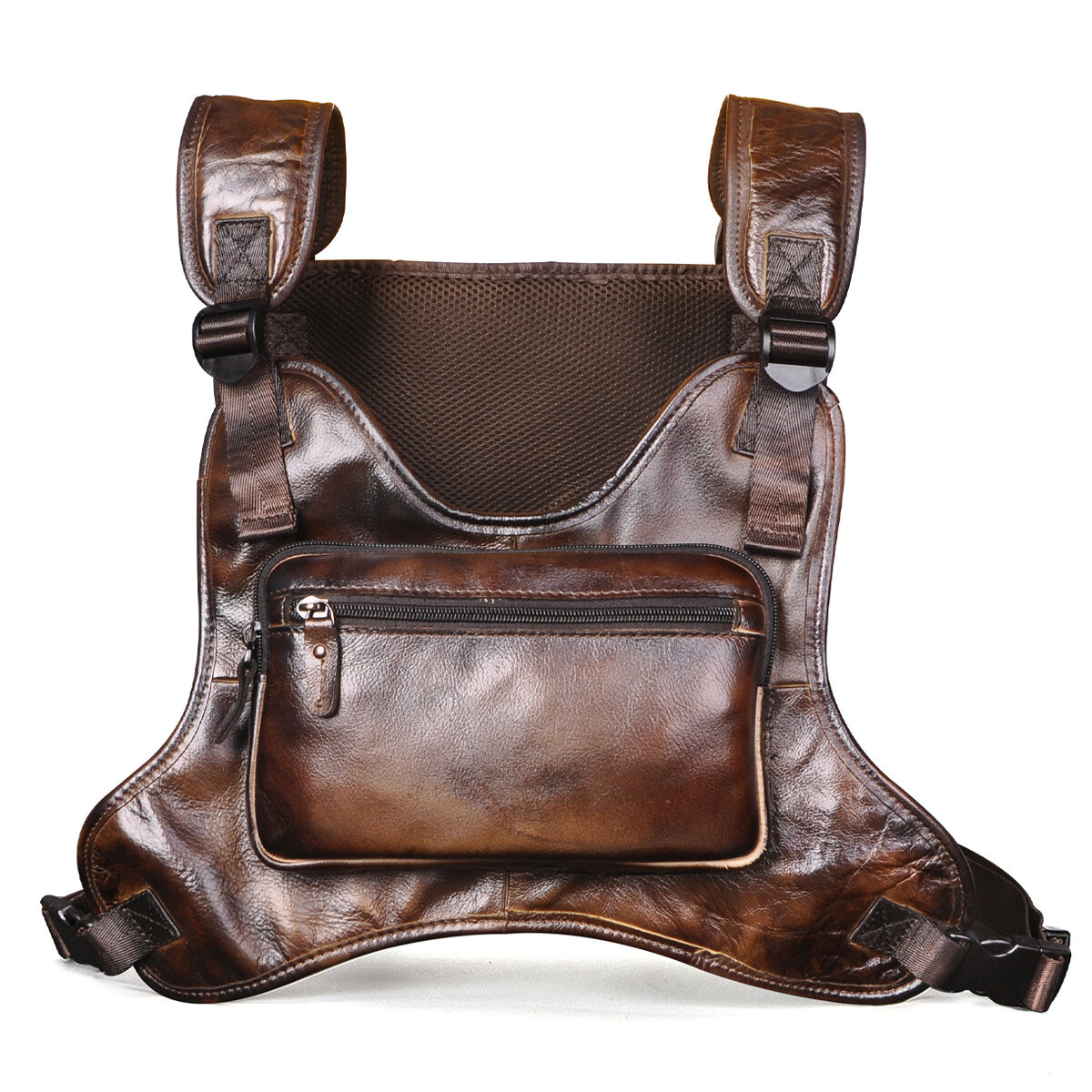 Men Vintage Real Leather Two Straps Chest Rig Bags Rectangle Streetwear Hip-Hop