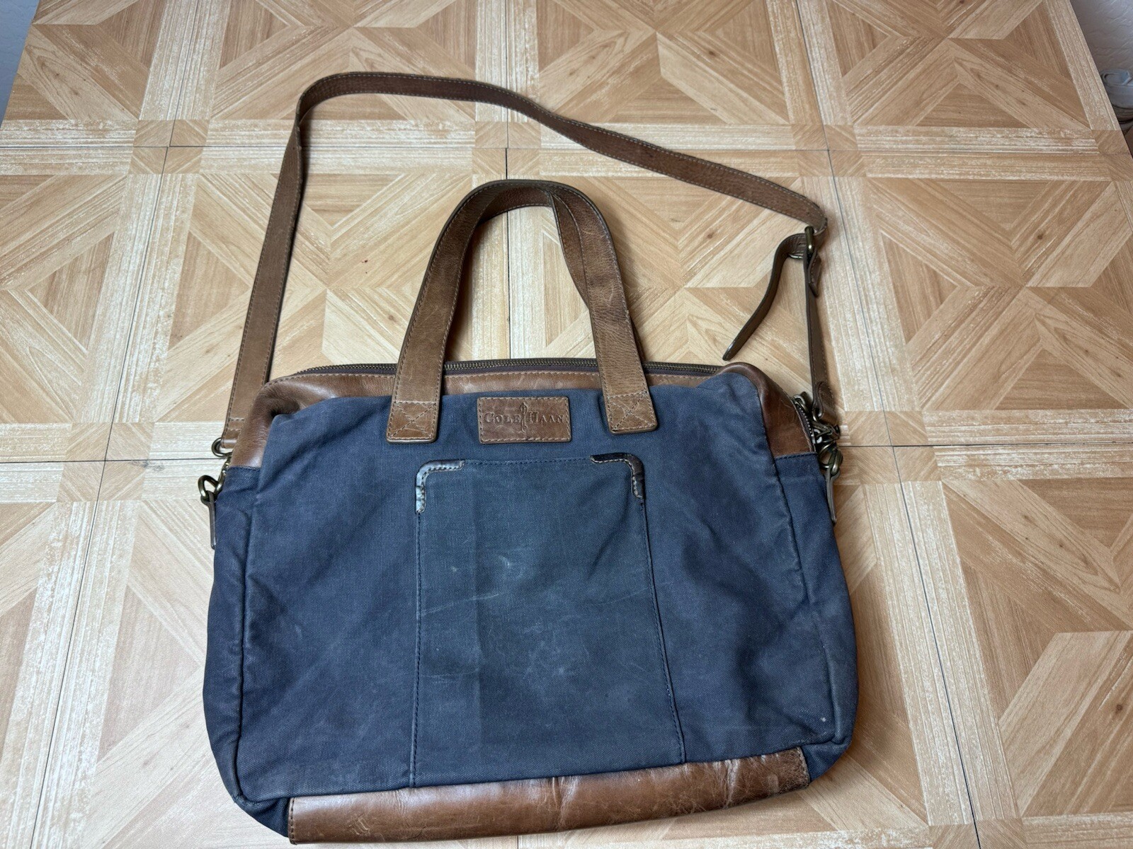 Cole Haan Navy Blue Large Travel Or Day Canvas With Leather Trim Duffle Handbag