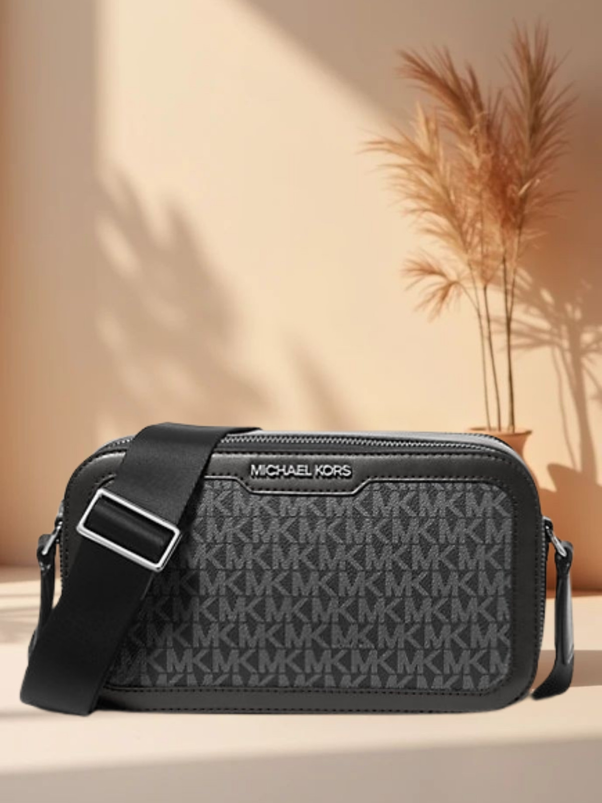 Michael Kors Cooper Men Signature Logo Double Zip Long Crossbody Bag Black