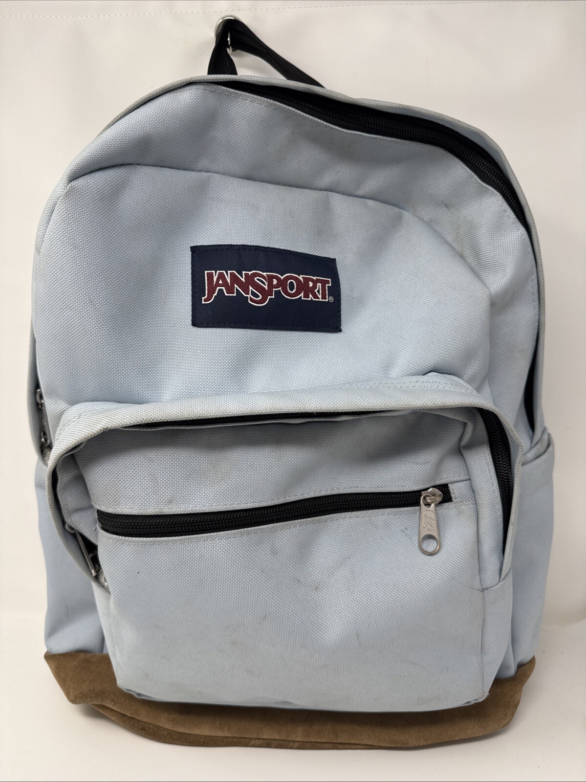 Jansport Originals Backpack Baby Blue Suede Leather Bottom Laptop Sleeve