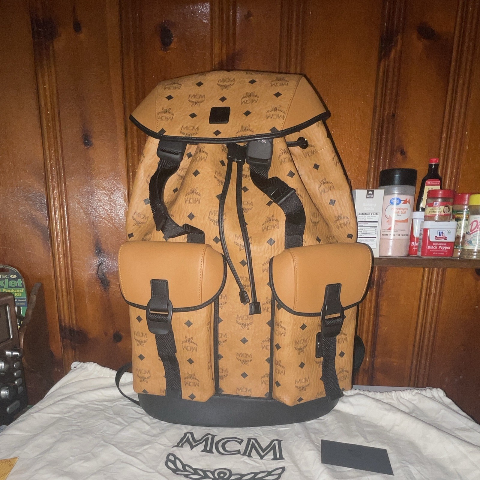 MCM Large Brandenburg Backpack Brown/Black Monogram Drawstring Buckle Pockets