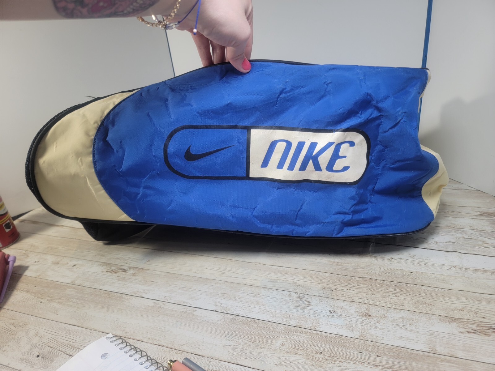 Vintage 2001 Nike Duffel Bag Blue Black White Gym 23″ Athletic Travel Case Zips