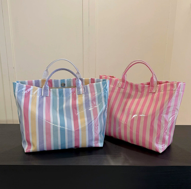 Womens Striped PVC Tote Bag Large Capacity Glossy Shopper Handbag Commuter