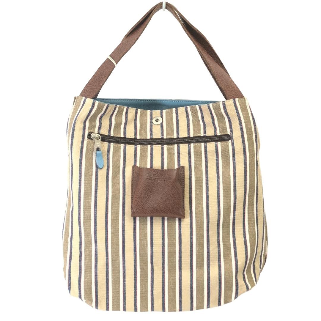 IL BISONTE Reversible Canvas and Leather Shoulder Bag Light Blue 11.8in