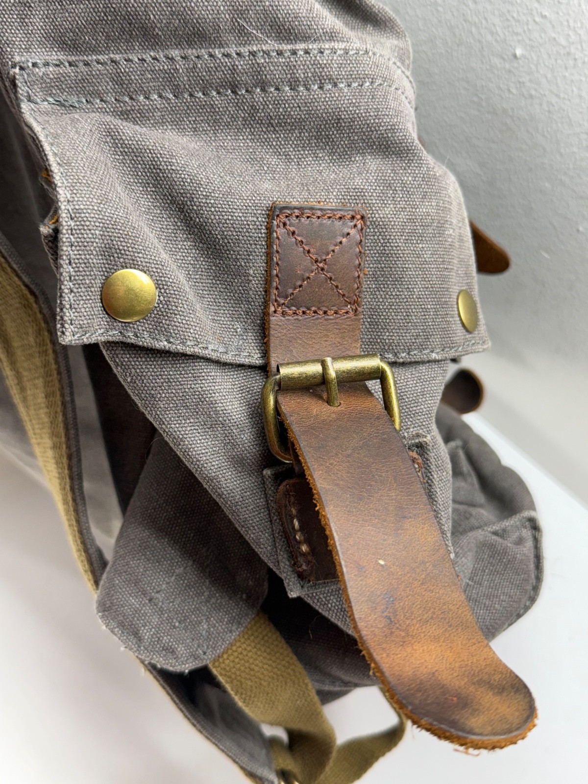 KATTEE Leather Backpack Canvas Travel Bag Rucksack Gray Brown Pockets Buckles