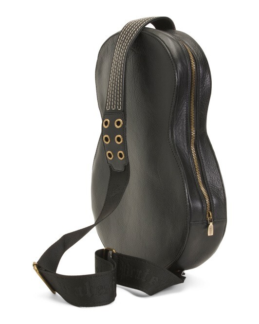 NWT Pratesi Sling Backpack GUITAR SHAPE Black Leather w/Patches (16″ x 12″ x 3″)