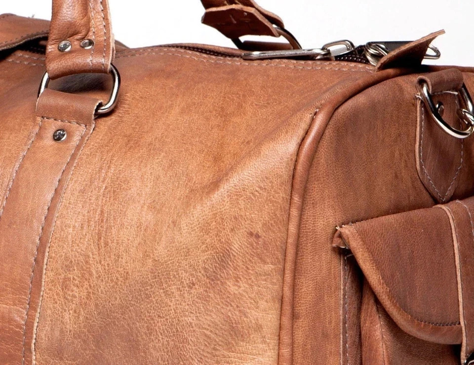 Genuine Goat Duffel Bag Handmade Weekend Travel Bag Large Aged Brown Leather