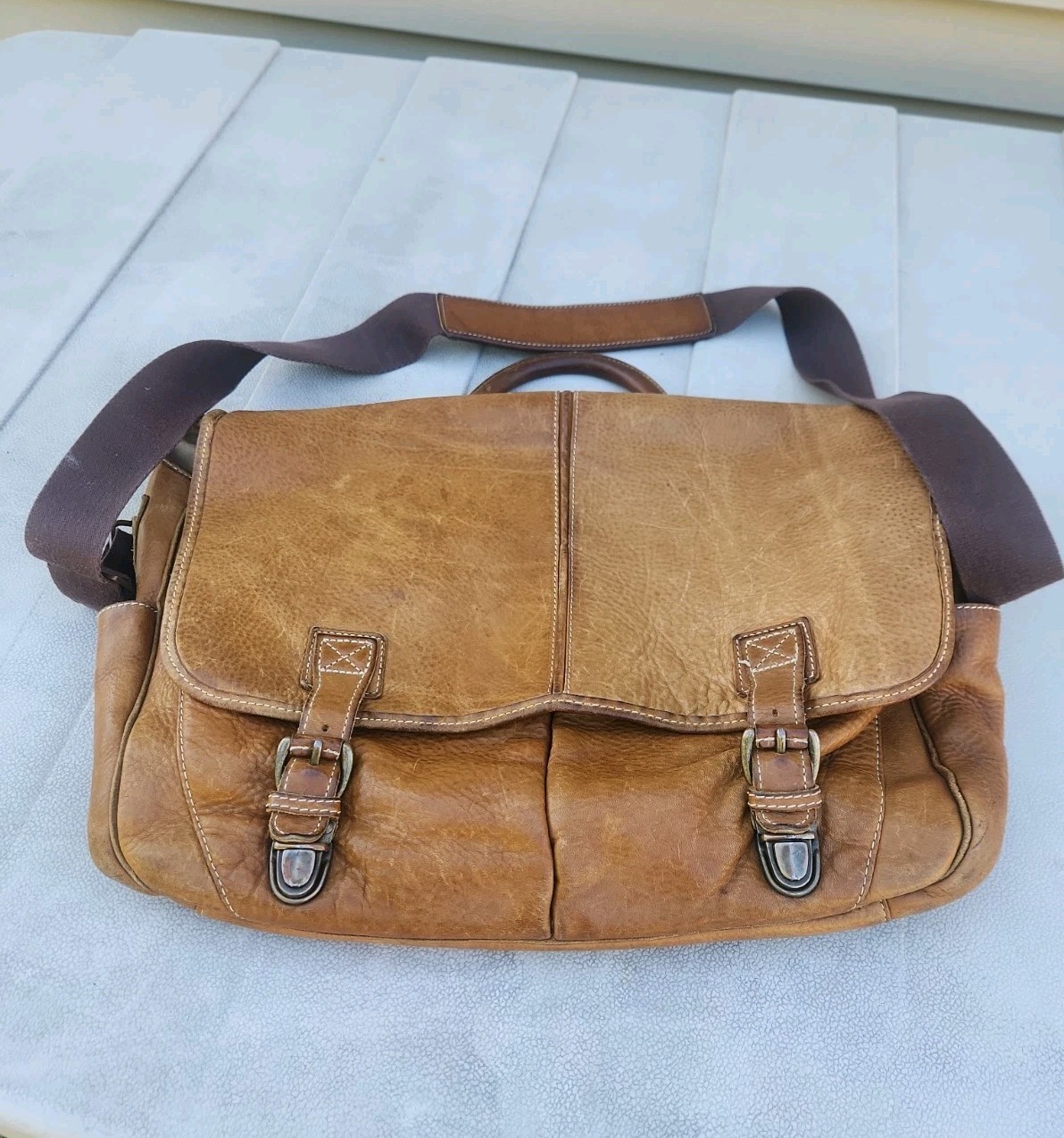 Vtg LL Bean Leather Laptop Messenger Briefcase Tan Bag Expandable Distressed