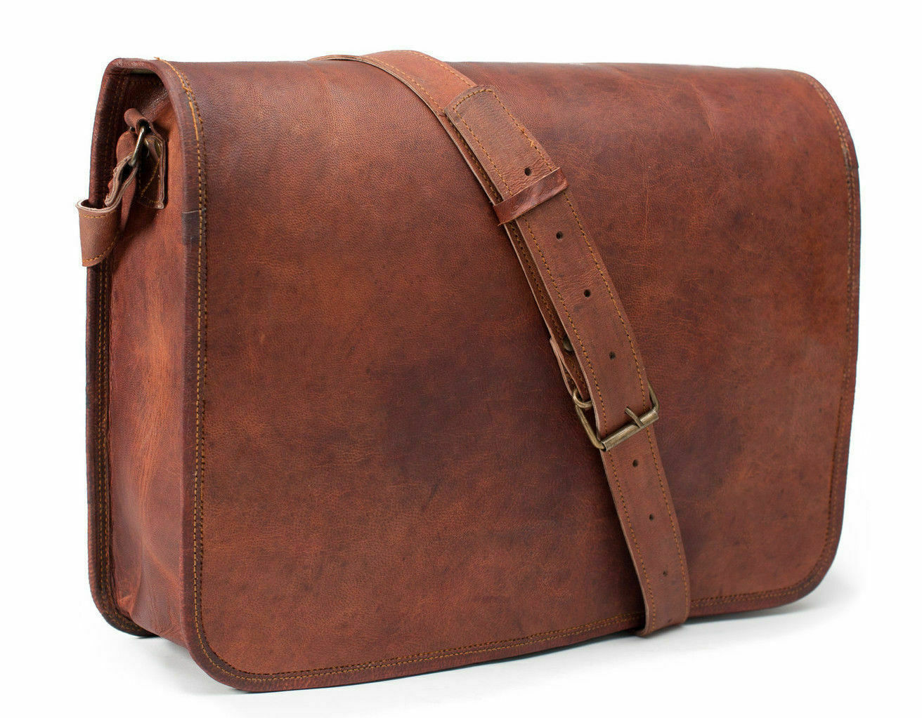 11″Full Flap Messenge Vintage look Brown Leather r Laptop Satchel Shoulder Bag
