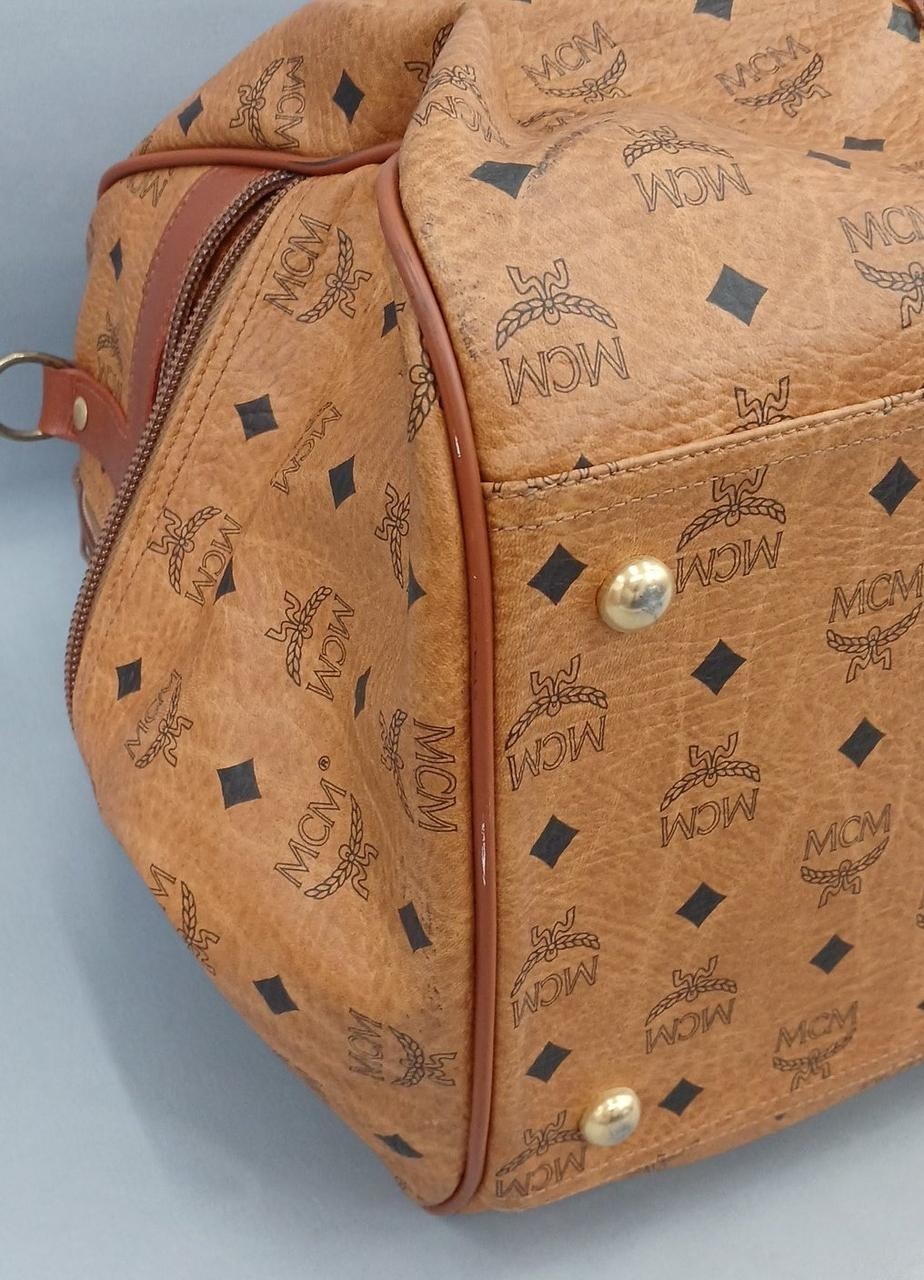 MCM Authentic Visetos Logo Handbag Camel Boston Bag Vintage w/ Shoulder Strap