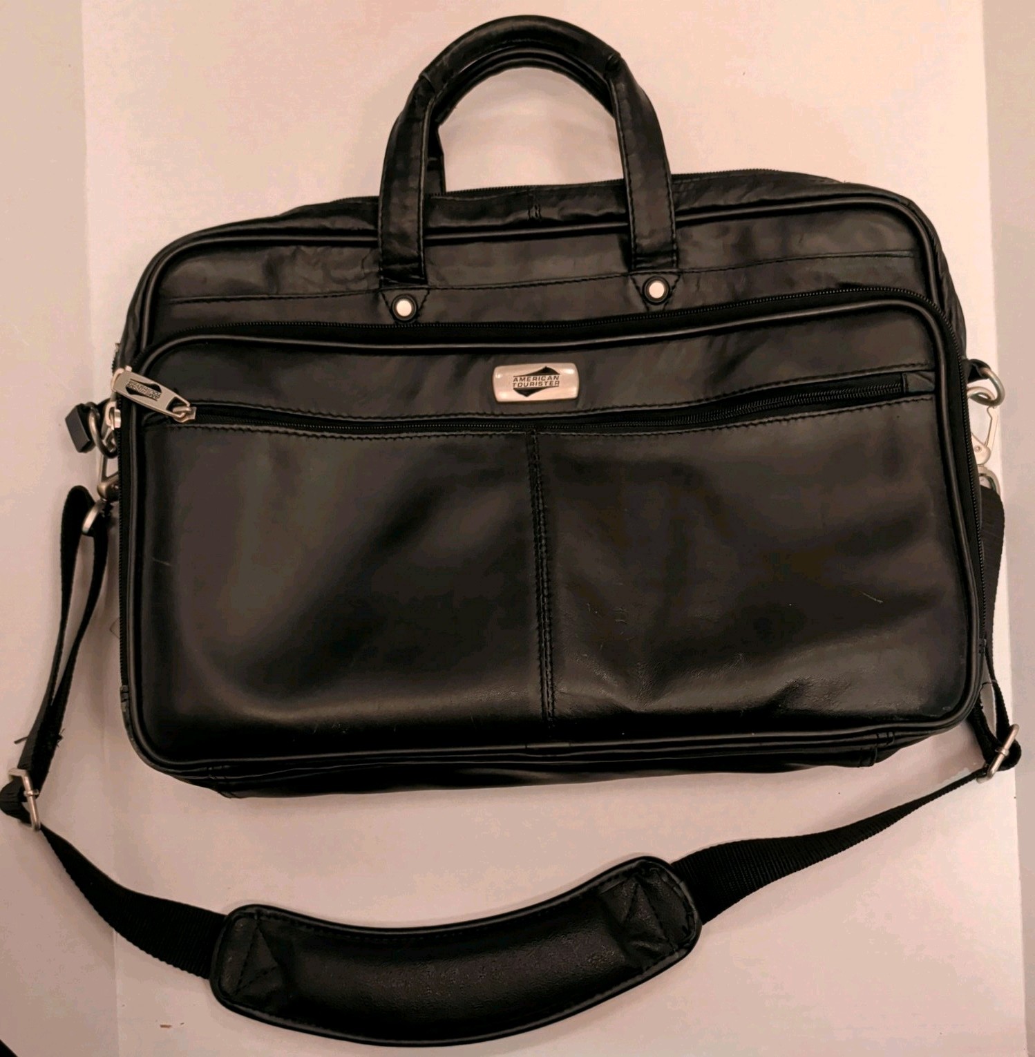 American Tourister Laptop Bag Black Leather Briefcase Carry-on Messenger Travel