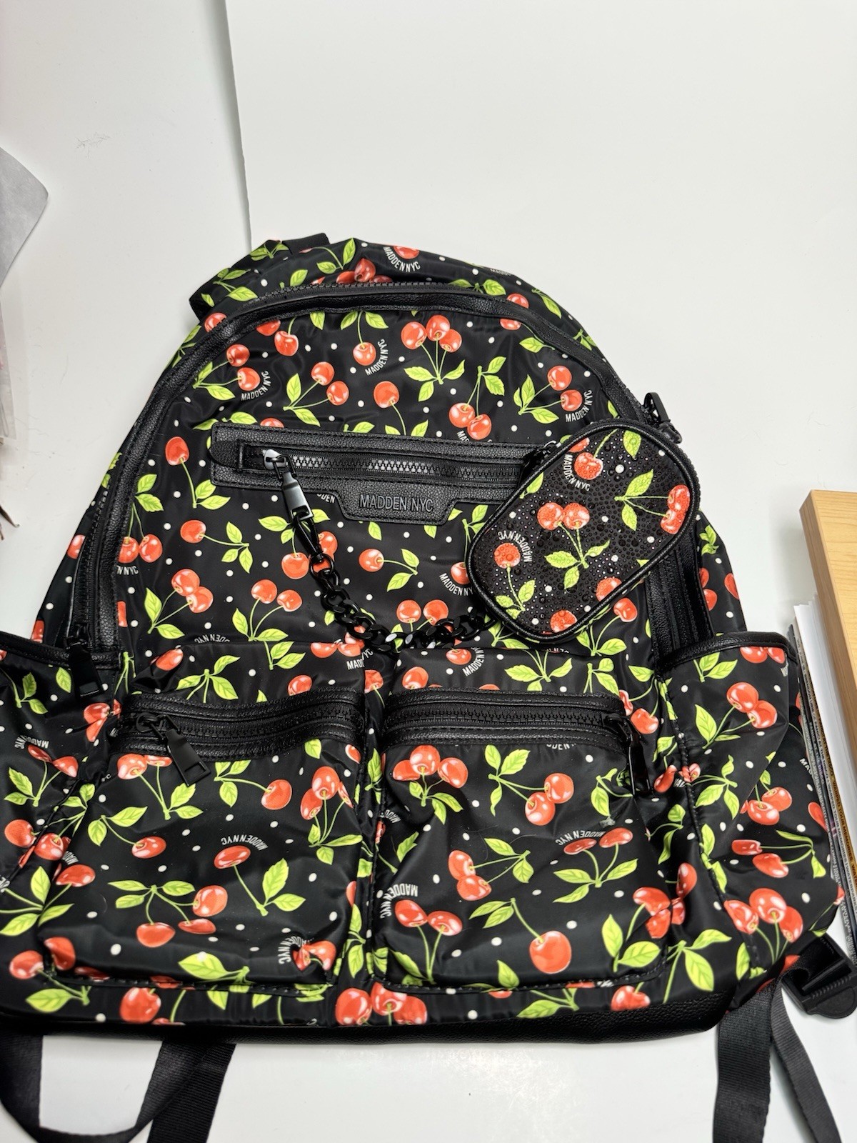 Madden NYC Cherry Print Backpack Black/Red/Green/White Zip Multi-Pocket