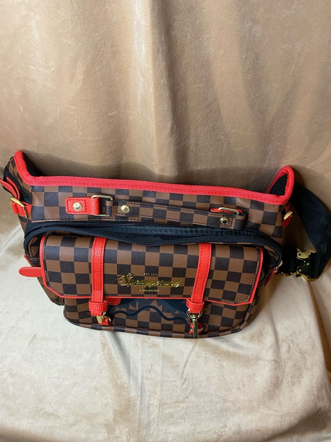 Sprayground Limited Edition Brown Checkered Shark Mouth Crossbody Bag