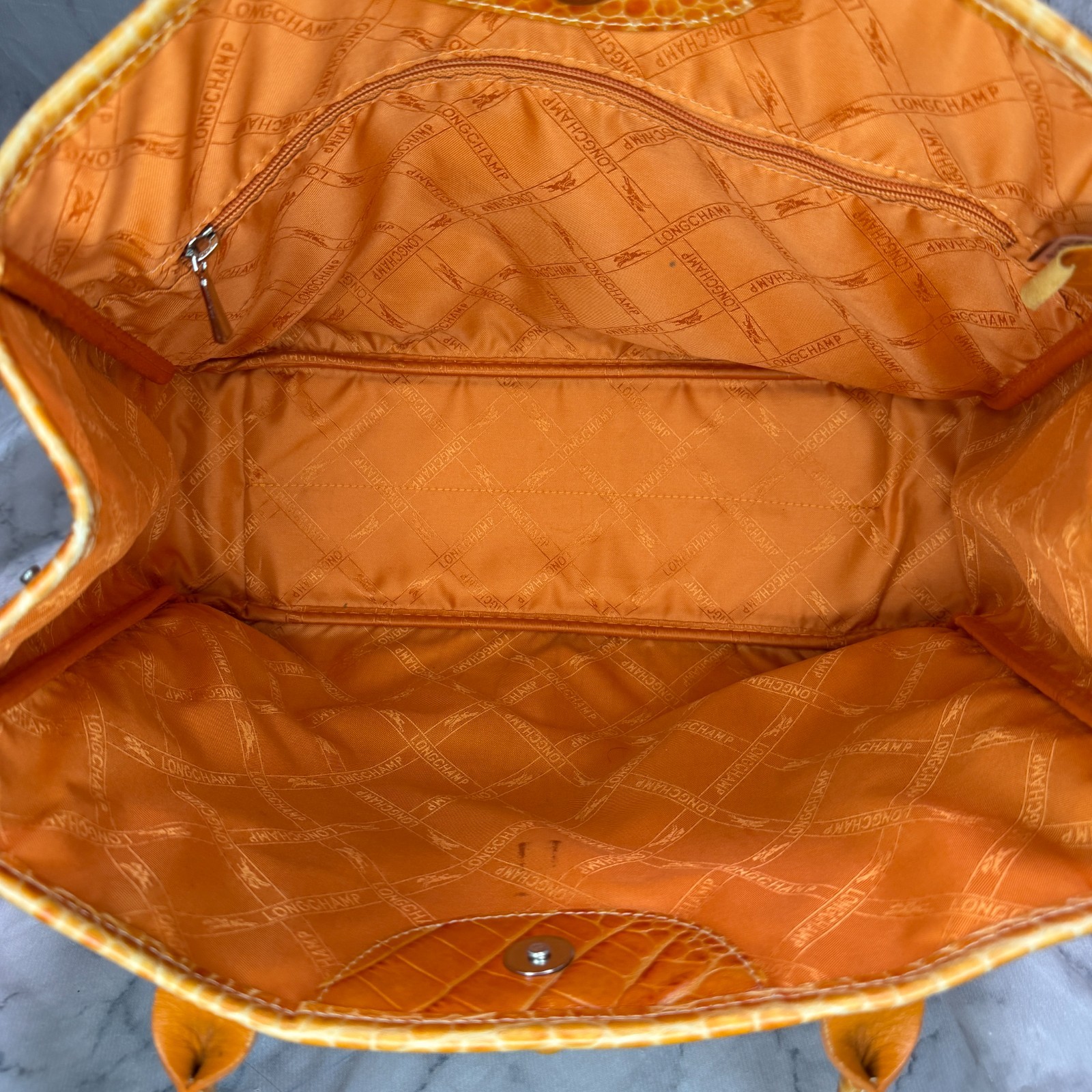 LONGCHAMP Leather Croco Croc Embossed Handbag Roseau Tote Bag orange Width: 33cm