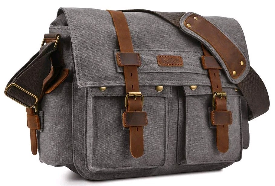 Leather Canvas Camera Bag Messenger Adjustable Shoulder Strap Kattee Dk Grey NWT