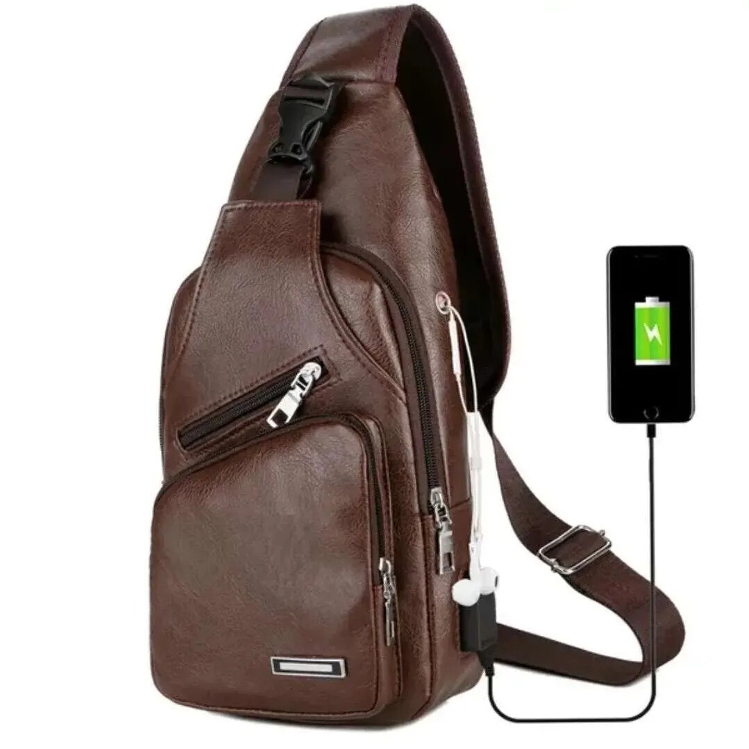 Men’s Casual Chest Bag PU Leather USB Charging Crossbody Travel Shoulder Bag