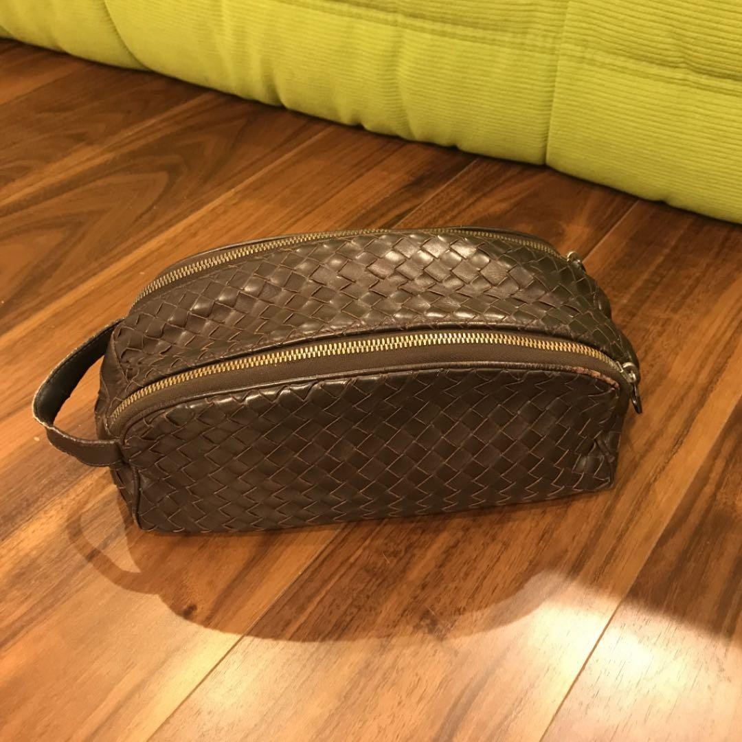 Auth Bottega Veneta Intrecciato Pouch Second Bag Clutch Bag Double Zipper Brown