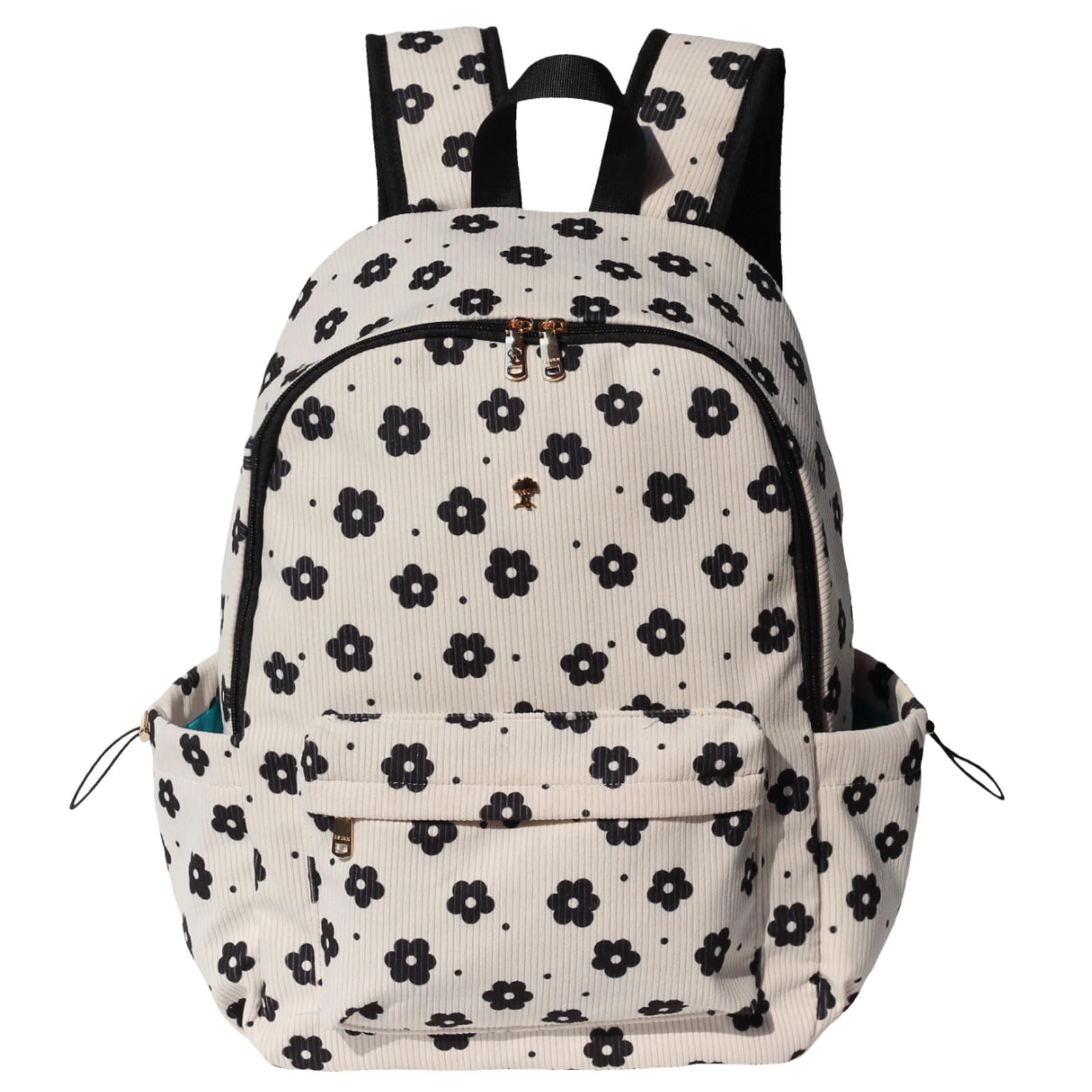 Black Flower Corduroy Backpack Lightweight 17 Inch Laptop Bag Womens Casual